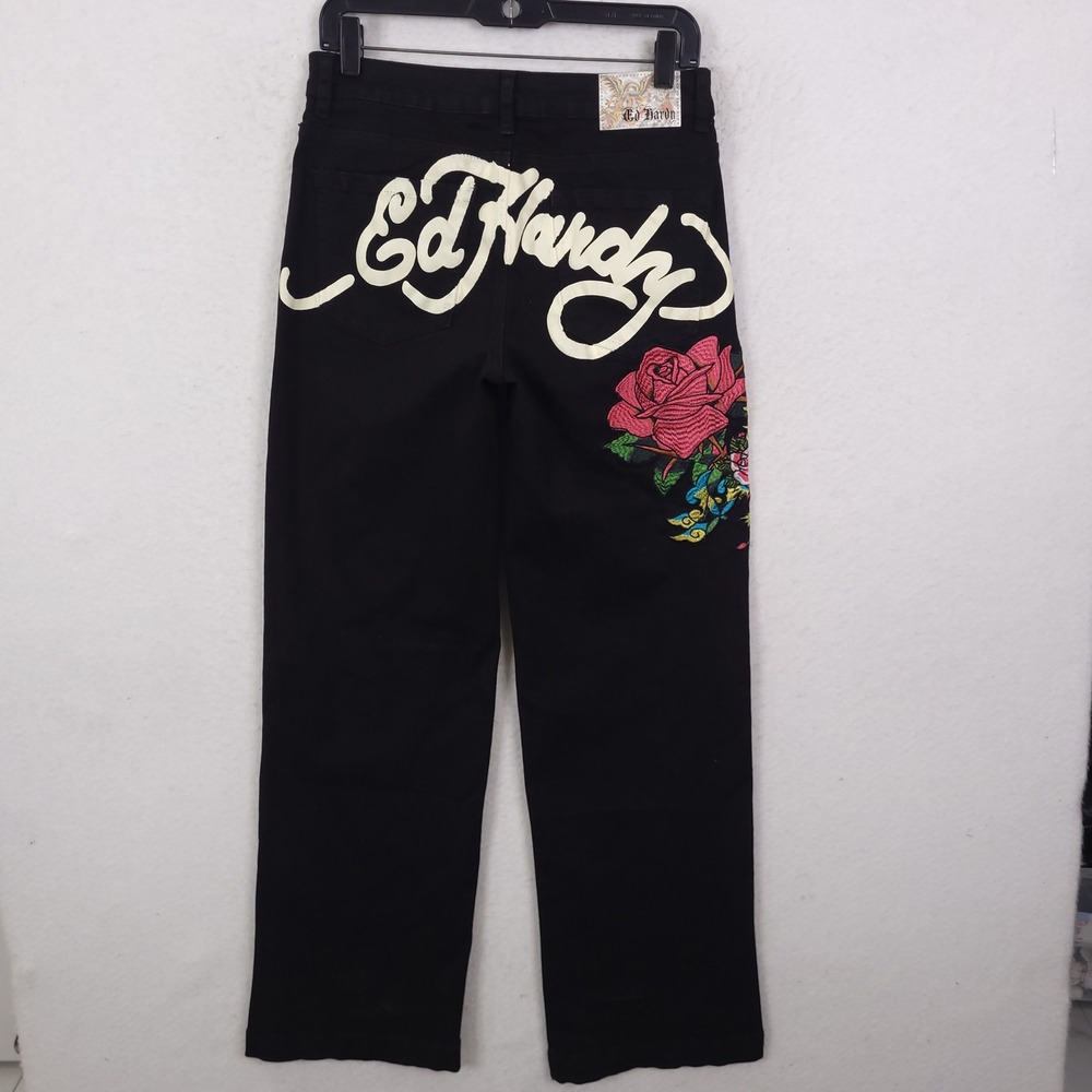 Ed Hardy Jeans Womens 28 Black Rose Skull Embroidered Tattoo Y2K WEHD8300-10